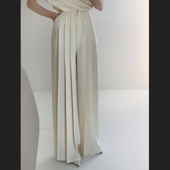 Commense Small White Pleated High Rise Wide Leg Pants Minimalist NEW NWT - Picture 1 of 2